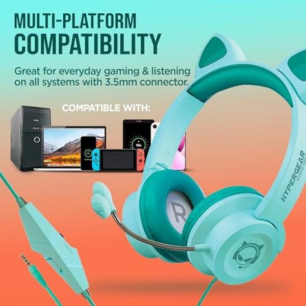 HyperGear Kombat Kitty Cat Ear Headphones w/Mic - Cute Wired Kitty Headphones for Kids, Ideal for Home, School, Streaming, Recording, Gaming, Computer Setup, Fits 3.5mm Devices - T