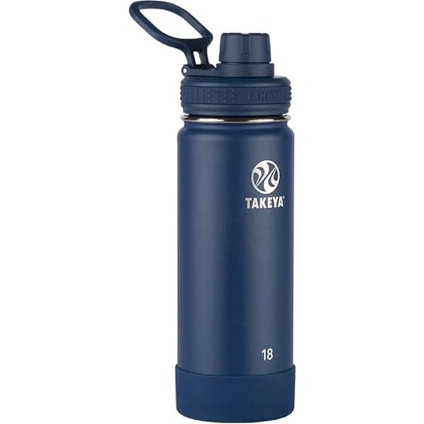 Takeya Actives Water Bottle with Spout Lid - Bottle with Double Stainless Steel Insulation - Dishwasher Safe & BPA-Free - Bottle with Spout Lid & Removable Bumper - 18 oz, Midnight