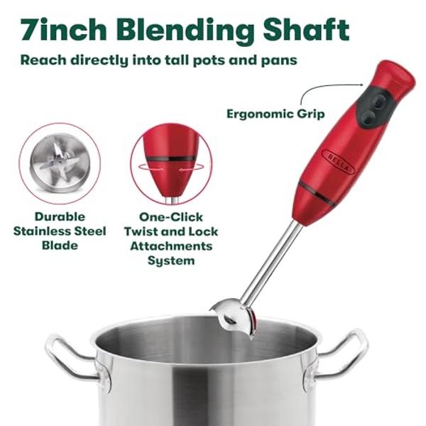 BELLA Immersion Hand Blender, Portable Mixer with Whisk Attachment - Electric Handheld Juicer, Shakes, Baby Food and Smoothie Maker, Stainless Steel, Red