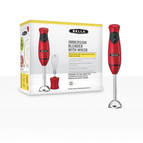 BELLA Immersion Hand Blender, Portable Mixer with Whisk Attachment - Electric Handheld Juicer, Shakes, Baby Food and Smoothie Maker, Stainless Steel, Red