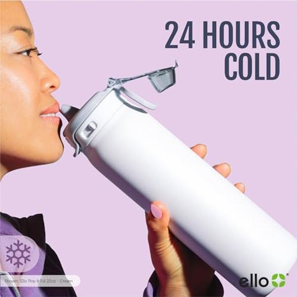Ello Pop & Fill 32oz Stainless Steel Water Bottle with Quick Fill Technology, Double Walled and Vacuum Insulated Metal, Leak Proof Locking Lid, Sip and Chug, Reusable, BPA Free, Pi