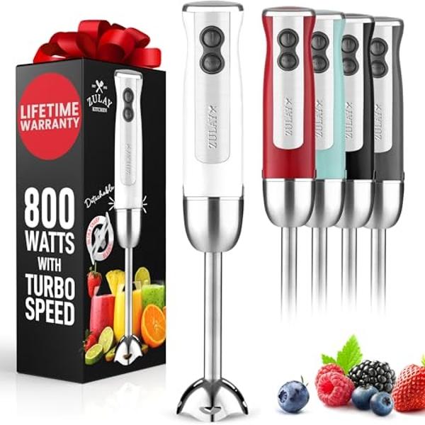 Zulay Immersion Stick Mixer Hand Blender - 800 Watts, Turbo Mode, 5-ft Power Electric Cord, Handheld Portable, Stainless Steel Blades - For Effortless Blending Smoothie, Soup, Baby