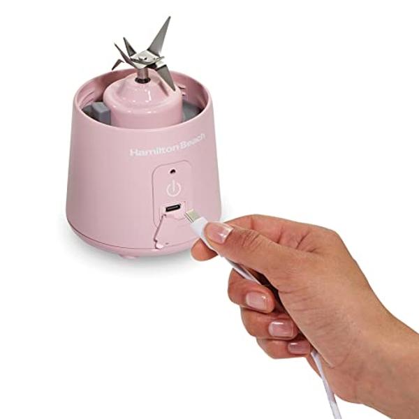 Hamilton Beach Mini Cordless Portable Personal Blender for Shakes and Smoothies, USB Rechargeable, 16 oz. Jar with Leakproof Travel Lid, 6 Stainless Steel Blades, Pink (51181)