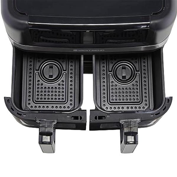 West Bend Air Fryer Dual Basket 10-Quart Capacity with Digital Controls View Windows and 15 Cooking Presets, Nonstick Frying Baskets, Dual Zone Features, 1600-Watts, Black
