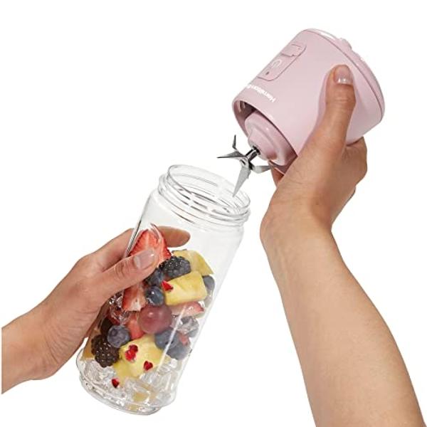 Hamilton Beach Mini Cordless Portable Personal Blender for Shakes and Smoothies, USB Rechargeable, 16 oz. Jar with Leakproof Travel Lid, 6 Stainless Steel Blades, Pink (51181)