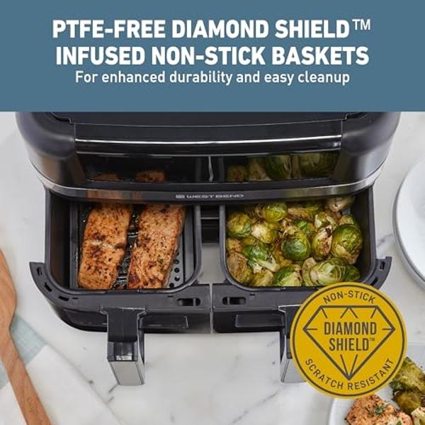 West Bend Air Fryer Dual Basket 10-Quart Capacity with Digital Controls View Windows and 15 Cooking Presets, Nonstick Frying Baskets, Dual Zone Features, 1600-Watts, Black