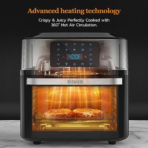 GLUCK Air Fryer Oven with Rotisserie, 20QT 10-in-1 Large Toaster Oven & Dehydrator Combo for Family, Digital Airfryer with Window, Cage Basket, 3 Racks, ETL Certified