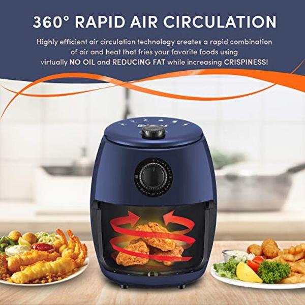 Elite Gourmet EAF-0201BG# Personal 2.1 Qt. Compact Space Saving Electric Hot Air Fryer Oil-Less Healthy Cooker, Timer & Temperature Controls, 1000W, Quart, Blue Gray