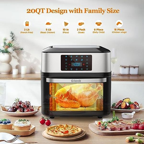 GLUCK Air Fryer Oven with Rotisserie, 20QT 10-in-1 Large Toaster Oven & Dehydrator Combo for Family, Digital Airfryer with Window, Cage Basket, 3 Racks, ETL Certified