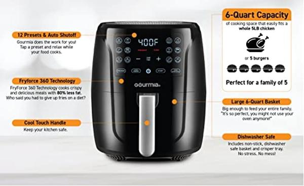 Gourmia Air Fryer Oven Digital Display 6 Quart Large AirFryer Cooker 12 1-Touch Cooking Presets, XL Air Fryer Basket 1500w Power Multifunction Black and Stainless Steel Accents FRY
