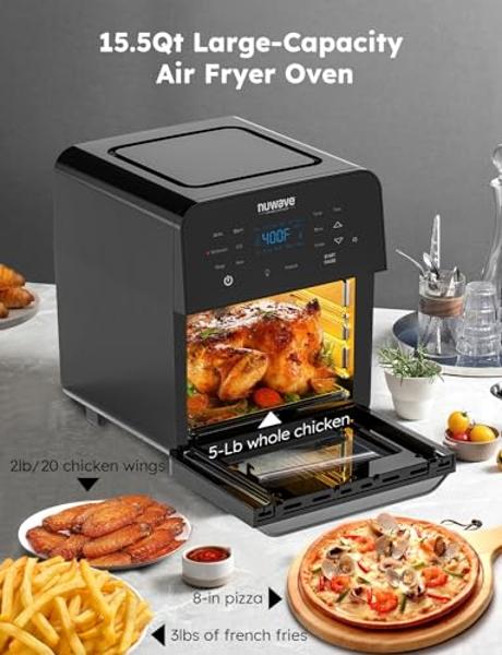 Nuwave Brio Air Fryer Oven, 15.5Qt X-Large Family Size, SS Rotisserie Basket &Skewer-Kit, Reversible Ultra Non-Stick Grill/Griddle Plate, Powerful 1800W, Integrated Smart Thermomet