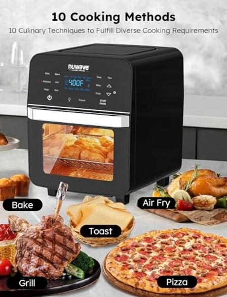 Nuwave Brio Air Fryer Oven, 15.5Qt X-Large Family Size, SS Rotisserie Basket &Skewer-Kit, Reversible Ultra Non-Stick Grill/Griddle Plate, Powerful 1800W, Integrated Smart Thermomet