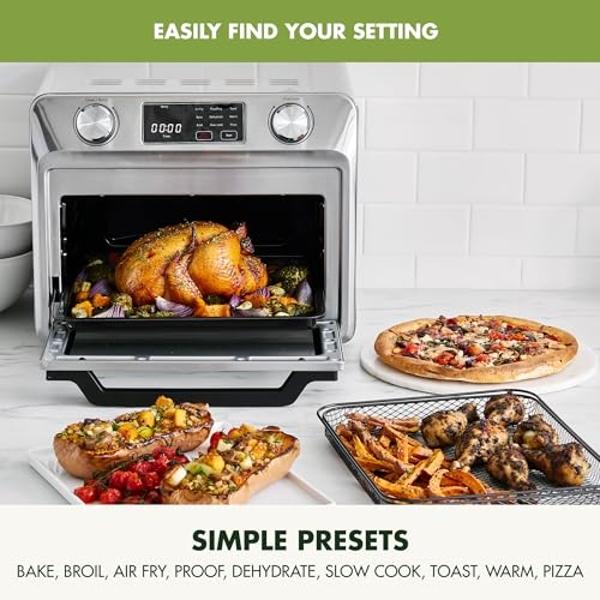 GreenPan Bistro Stainless Steel 9-in-1 Air Fry Oven, Nonstick Baking Pan, Stainless Steel Rack, and Basket, Fast Heating, Multifunction Presets, Cool-Touch Handle, PFAS-Free, Easy 