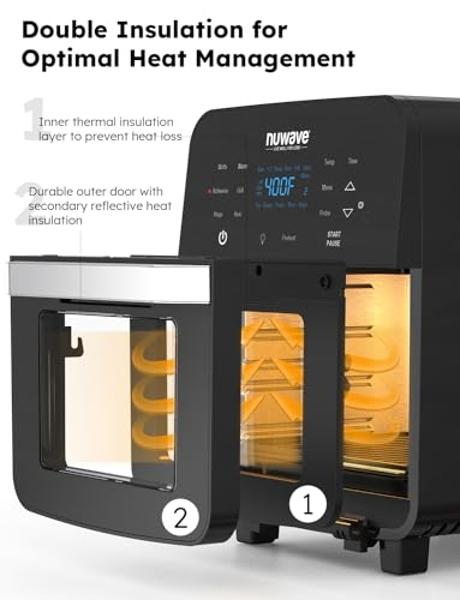 Nuwave Brio Air Fryer Oven, 15.5Qt X-Large Family Size, SS Rotisserie Basket &Skewer-Kit, Reversible Ultra Non-Stick Grill/Griddle Plate, Powerful 1800W, Integrated Smart Thermomet