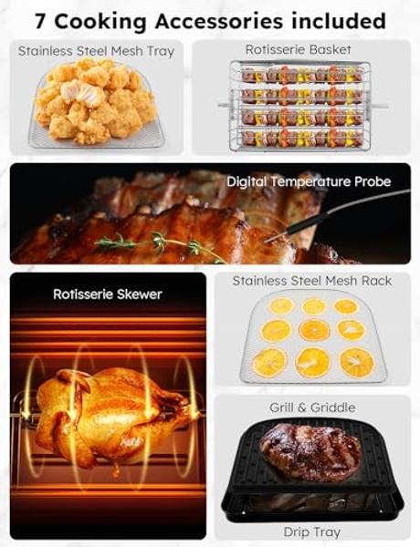 Nuwave Brio Air Fryer Oven, 15.5Qt X-Large Family Size, SS Rotisserie Basket &Skewer-Kit, Reversible Ultra Non-Stick Grill/Griddle Plate, Powerful 1800W, Integrated Smart Thermomet