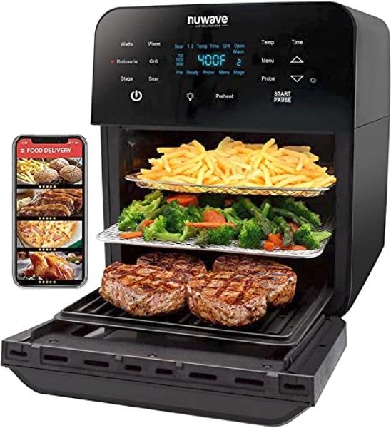 Nuwave Brio Air Fryer Oven, 15.5Qt X-Large Family Size, SS Rotisserie Basket &Skewer-Kit, Reversible Ultra Non-Stick Grill/Griddle Plate, Powerful 1800W, Integrated Smart Thermomet