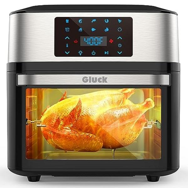 GLUCK Air Fryer Oven with Rotisserie, 20QT 10-in-1 Large Toaster Oven & Dehydrator Combo for Family, Digital Airfryer with Window, Cage Basket, 3 Racks, ETL Certified