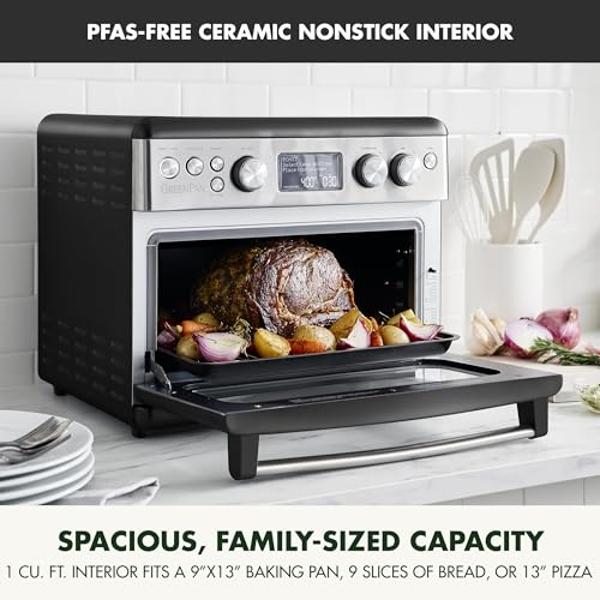GreenPan 13-in-1 Elite Countertop Convection Oven & Air Fryer, PFAS-Free Ceramic Tray & Pizza Pan, Adjustable Racks, Multifunction Presets, Toaster, Bake, Broil, Roast, Proof, Dehy