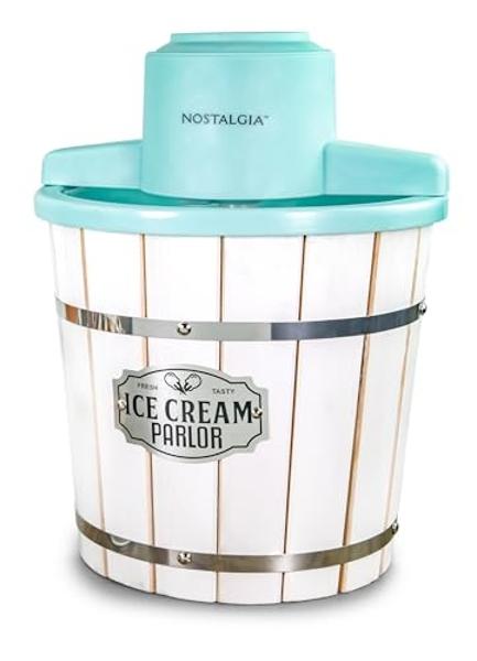 Nostalgia Electric Ice Cream Maker – Wood Bucket Parlor Style, Old Fashioned Soft Serve Ice Cream Machine Makes Frozen Yogurt or Gelato in Minutes - Fun Kitchen Appliance – White &