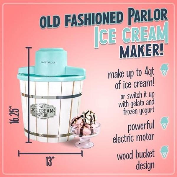 Nostalgia Electric Ice Cream Maker – Wood Bucket Parlor Style, Old Fashioned Soft Serve Ice Cream Machine Makes Frozen Yogurt or Gelato in Minutes - Fun Kitchen Appliance – White &