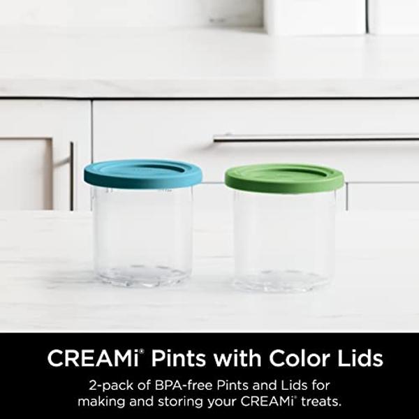 Ninja CREAMi Pints ,Compatible with NC299AMZ & NC300s Series CREAMi Ice Cream Makers, BPA-Free & Dishwasher Safe, Color Lids, 1 Pint Each, Clear/Lime/Aqua, XSKPLID2CD, 2 count (Pac
