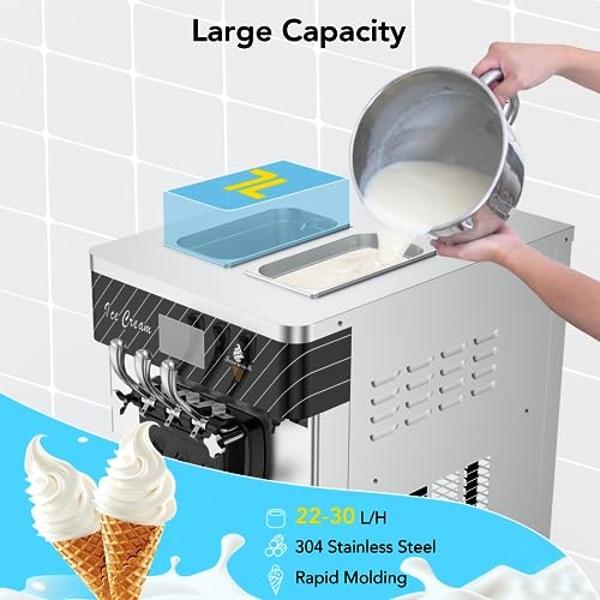 Acekool 2450W 2+1 Flavor Soft Serve Ice Cream Machine, 5.8-7.9 Gal/Hr Commercial Ice Cream Maker, with LCD Panel, Pre-Cooling Function, Automatic Cleaning, High Productivity for Re