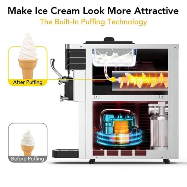 Acekool 2450W 2+1 Flavor Soft Serve Ice Cream Machine, 5.8-7.9 Gal/Hr Commercial Ice Cream Maker, with LCD Panel, Pre-Cooling Function, Automatic Cleaning, High Productivity for Re