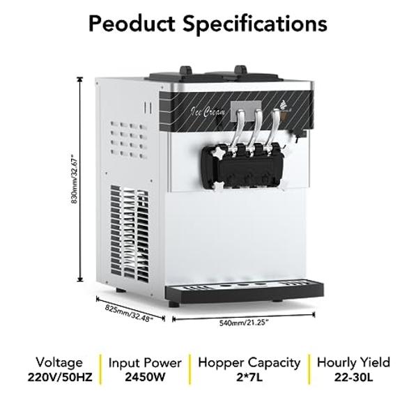 Acekool 2450W 2+1 Flavor Soft Serve Ice Cream Machine, 5.8-7.9 Gal/Hr Commercial Ice Cream Maker, with LCD Panel, Pre-Cooling Function, Automatic Cleaning, High Productivity for Re