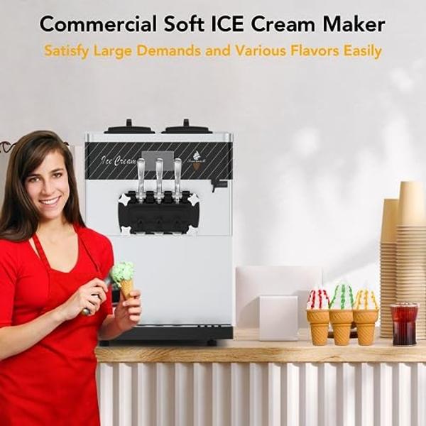 Acekool 2450W 2+1 Flavor Soft Serve Ice Cream Machine, 5.8-7.9 Gal/Hr Commercial Ice Cream Maker, with LCD Panel, Pre-Cooling Function, Automatic Cleaning, High Productivity for Re