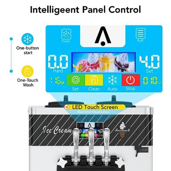 Acekool 2450W 2+1 Flavor Soft Serve Ice Cream Machine, 5.8-7.9 Gal/Hr Commercial Ice Cream Maker, with LCD Panel, Pre-Cooling Function, Automatic Cleaning, High Productivity for Re