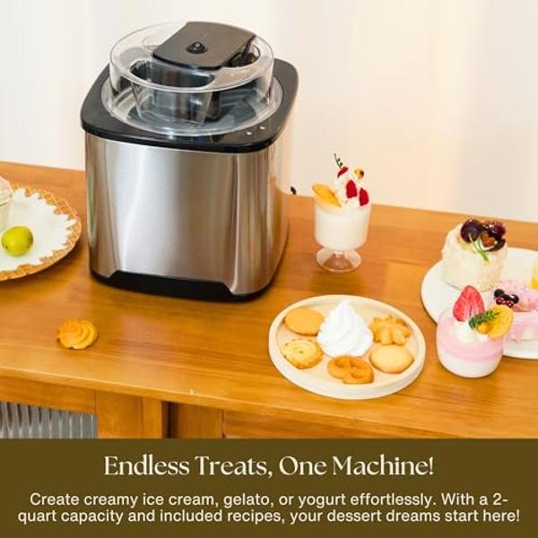 2 Qt Ice Cream Maker Machine - Personal Soft Serve Ice Cream Machine for Home - Use as Icecream Churner, Gelato Maker, Sorbet Maker & Frozen Yogurt Maker - Kitchen Appliances for F