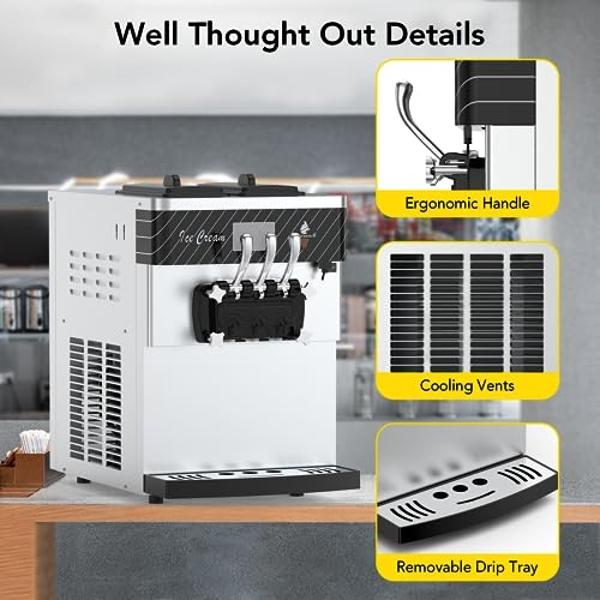 Acekool 2450W 2+1 Flavor Soft Serve Ice Cream Machine, 5.8-7.9 Gal/Hr Commercial Ice Cream Maker, with LCD Panel, Pre-Cooling Function, Automatic Cleaning, High Productivity for Re