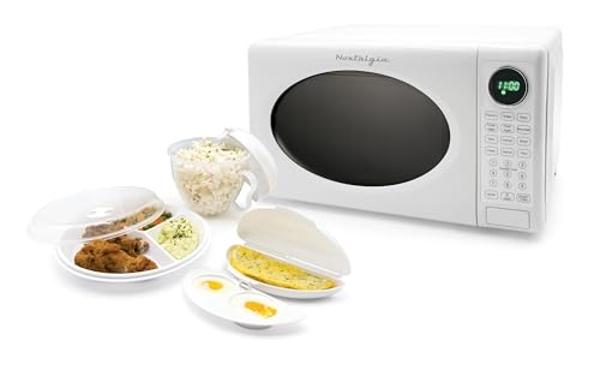 Nostalgia Modern Retro Countertop Microwave Oven - 700-Watt - 0.7 cu ft - Retro Microwave and Accessory Bundle with Popcorn Popper, Egg Poacher / Omelet Cooker, and Divided Plate w