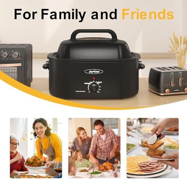 Sunvivi 24 Quart Electric Roaster Oven Turkey Roaster with Lid Electric Roasters with Removable Pan Large Roaster,Visible & Self-basting Lid, Fast Heating & Thaw/warming Setting,Bl