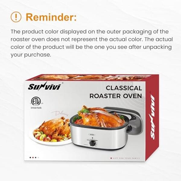 Sunvivi 24 Quart Electric Roaster Oven Turkey Roaster with Lid Electric Roasters with Removable Pan Large Roaster,Visible & Self-basting Lid, Fast Heating & Thaw/warming Setting,Bl