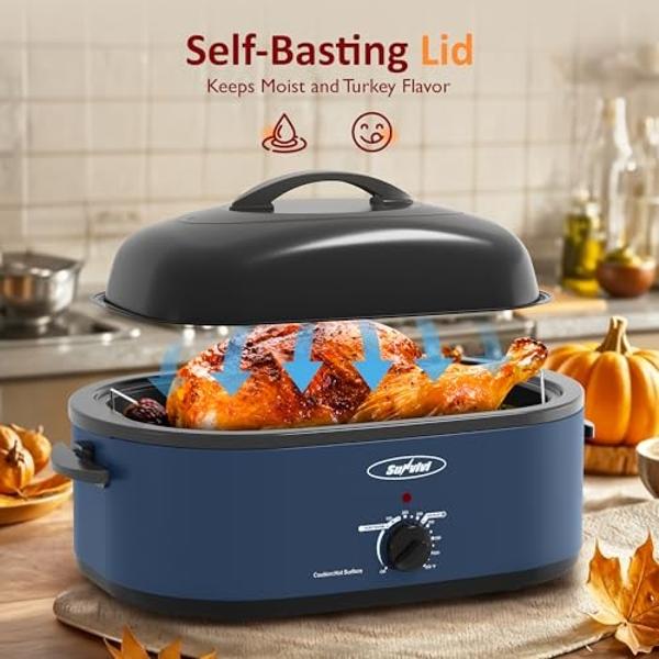 Sunvivi Electric Roaster, Roasting Oven with Self-Basting Lid Removable Pan, 20 Quart Turkey Roaster Oven with 150 to 450F Temperature Control Cool-Touch Handles, Blue