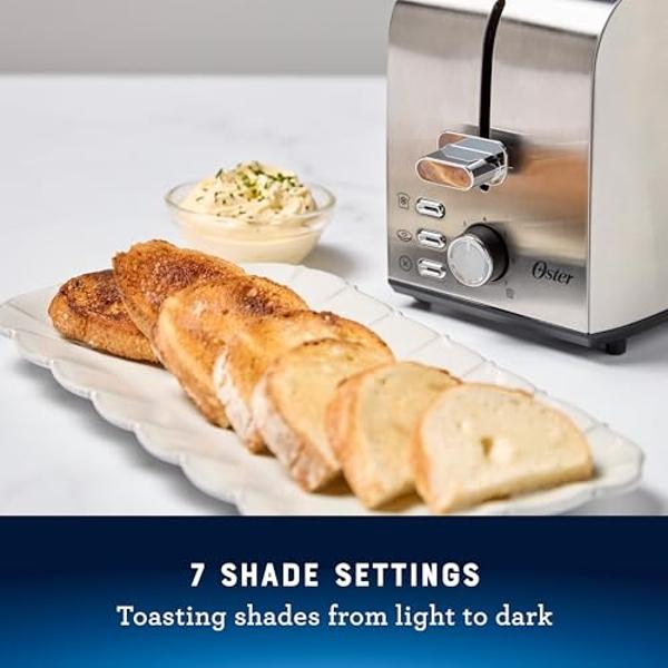 Oster 2 Slice Toaster, With 7 Browning Settings, Extra Wide Slots For Bagels and Special Breads, Removable Easy-to-Clean Crumb Tray, Cancel/Defrost/Bagel, Stainless Steel