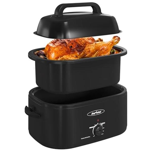 Sunvivi 24 Quart Electric Roaster Oven Turkey Roaster with Lid Electric Roasters with Removable Pan Large Roaster,Visible & Self-basting Lid, Fast Heating & Thaw/warming Setting,Bl