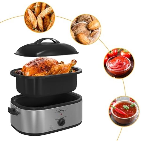 Sunvivi Electric Roaster, Roasting Oven with Self-Basting Lid Removable Pan, 20 Quart Turkey Roaster Oven with 150 to 450F Temperature Control Cool-Touch Handles, Blue
