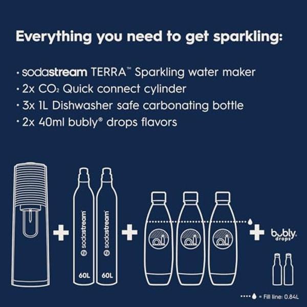 SodaStream - Terra Sparkling Water Maker | VALUE BUNDLE | CQC CO2 system | Includes 2x CO2 Cylinders, 3x 32 Fl Oz Dishwasher Safe Bottles, 2x Bubly Flavor Drops | Combine with Flav
