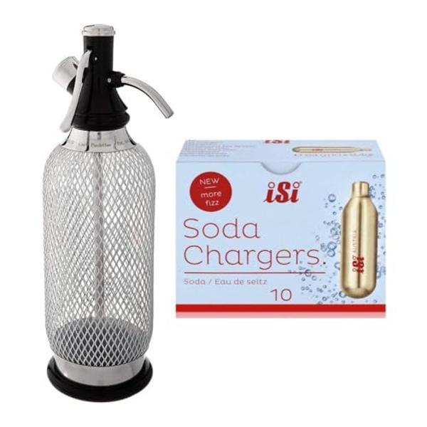 iSi Classic Sodamaker Set with Soda Siphon Chargers, 10-Pack - Stainless Steel 1-Quart Sparkling Water System & CO2 Carbonation Chargers for Carbonated Drinks, Juices, Cocktails - 
