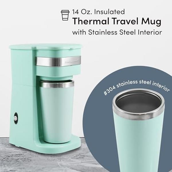 Elite Gourmet EHC113M Personal Single-Serve Compact Coffee Maker Brewer Includes 14Oz. Stainless Steel Interior Thermal Travel Mug, Compatible with Coffee Grounds, Reusable Filter,
