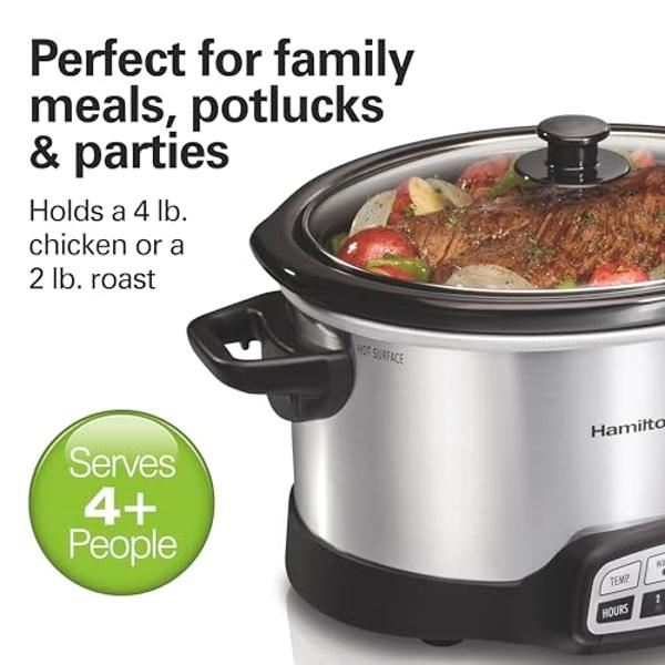 Hamilton Beach 4 Quart Programmable Slow Cooker with Flexible Easy Programming, 5 Cooking Times, Dishwasher-Safe Crock & Lid, Silver (33443)