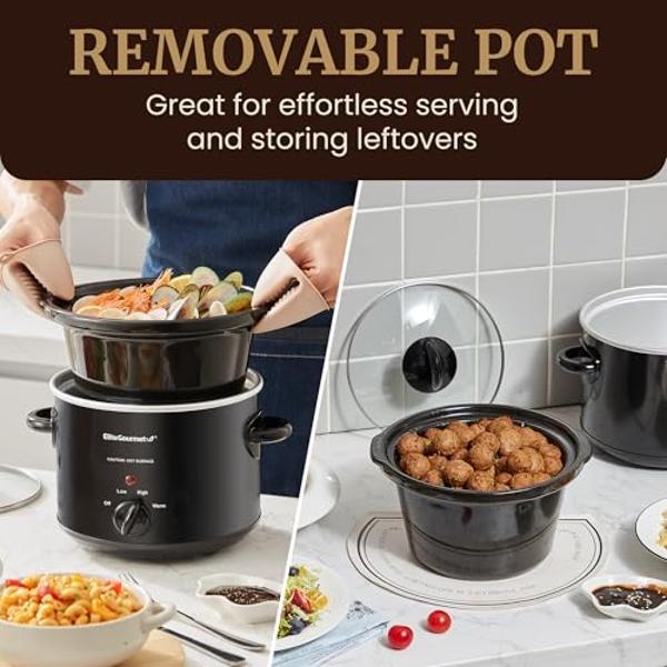 Elite Gourmet MST-350B Electric Slow Cooker, Adjustable Temp, Entrees, Sauces, Stews & Dips, Dishwasher Safe Glass Lid & Crock (3 Quart, Black)