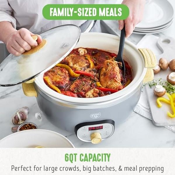 GreenLife 6 QT Ceramic Non Stick Slow Cooker, PFAS-Free Programmable Removable Pot for Family Meals, Sear on Stovetop Keep Warm, Digital Timer, Dishwasher Safe Glass Lid & Crock, Q