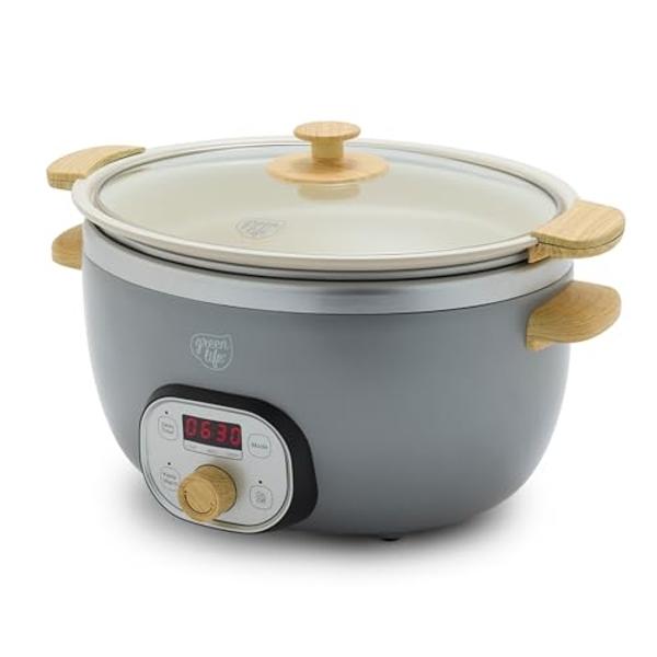GreenLife 6 QT Ceramic Non Stick Slow Cooker, PFAS-Free Programmable Removable Pot for Family Meals, Sear on Stovetop Keep Warm, Digital Timer, Dishwasher Safe Glass Lid & Crock, Q