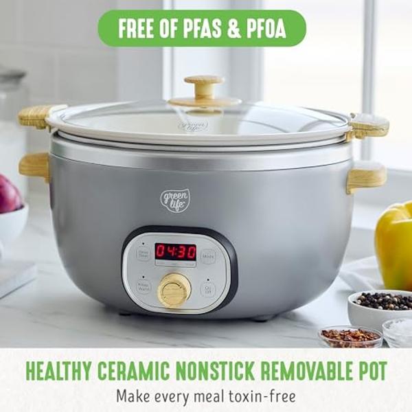 GreenLife 6 QT Ceramic Non Stick Slow Cooker, PFAS-Free Programmable Removable Pot for Family Meals, Sear on Stovetop Keep Warm, Digital Timer, Dishwasher Safe Glass Lid & Crock, Q