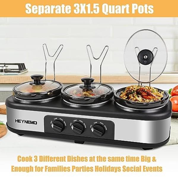 Triple Slow Cooker, 3 * 1.5 Quarts Buffet Servers and Warmers, 3 Pots Buffet Slow Cooker Adjustable Temp Lid Rests Stainless Steel Manual Silver for Parties Holidays Families