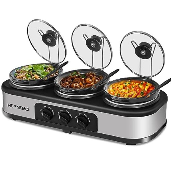 Triple Slow Cooker, 3 * 1.5 Quarts Buffet Servers and Warmers, 3 Pots Buffet Slow Cooker Adjustable Temp Lid Rests Stainless Steel Manual Silver for Parties Holidays Families