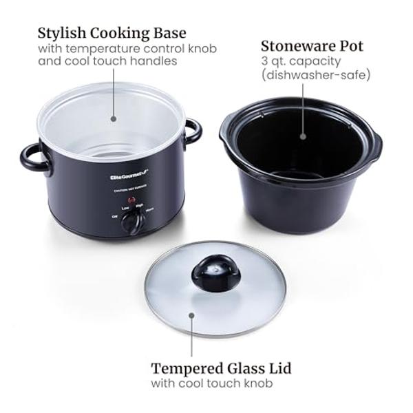 Elite Gourmet MST-350B Electric Slow Cooker, Adjustable Temp, Entrees, Sauces, Stews & Dips, Dishwasher Safe Glass Lid & Crock (3 Quart, Black)
